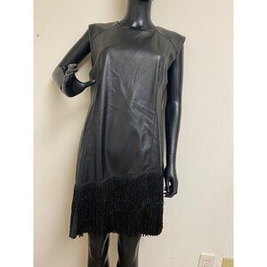 Dkny Women's Black Faux Leather Fringe Trim Sleeveless Dress Size 12 NWT